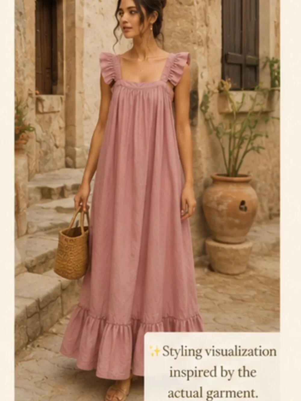 MABLE Romantic Cotton Prairie Revival Maxi Dress Dusty Rose Ruffle Cottagecore M
